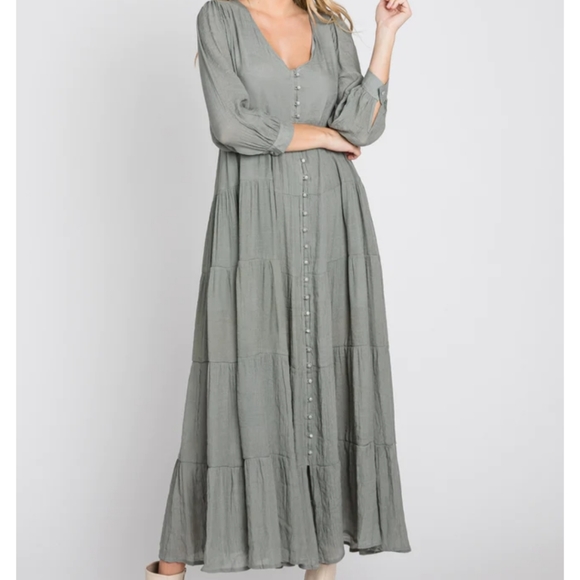 Pinkblush In Loom Light Olive Button Front Tiered A-line Maternity Maxi Dress S - Picture 4 of 4